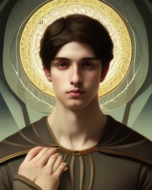 Image similar to symmetry portrait of welsh brunette fully clothed princess disguised as a young man, short hair, renaissance, forest background, intricate, elegant, highly detailed, digital painting, artstation, concept art, smooth, sharp focus, illustration, art by artgerm and greg rutkowski and fra angelico and alphons mucha