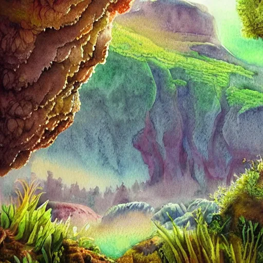 Image similar to beautiful detailed watercolor of a lush natural scene on a colourful alien planet by vincent bons. ultra sharp high quality digital render. detailed. beautiful landscape. weird vegetation. water. soft colour scheme. grainy.