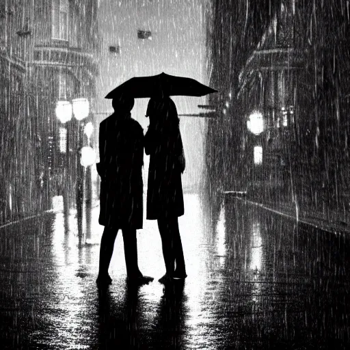 Image similar to an emotional picture of two shadowy figures under one umbrella at night in an ally, it is raining heavily, street lanterns are shining, they are reflected on the rainy street, 35mm, juno filter, motion blur, trending on artstation