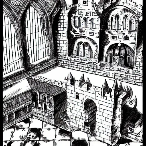 Prompt: castle scene manga, comic book panels background, style of kentaro miura and kazue kato, sketch, black and white, very detailed medieval, comic book art, inside the castle