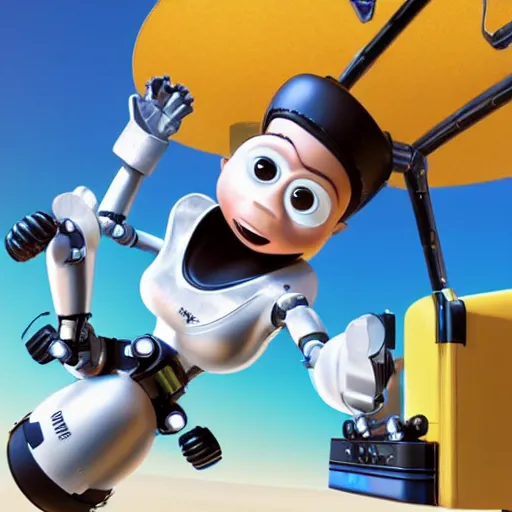 Image similar to a cool mechanic robot chick, with a tv head and gears and bolts everywhere on its body, doing karate moves in the air and swinging an electric guitar, 3 d render by pixar and disney