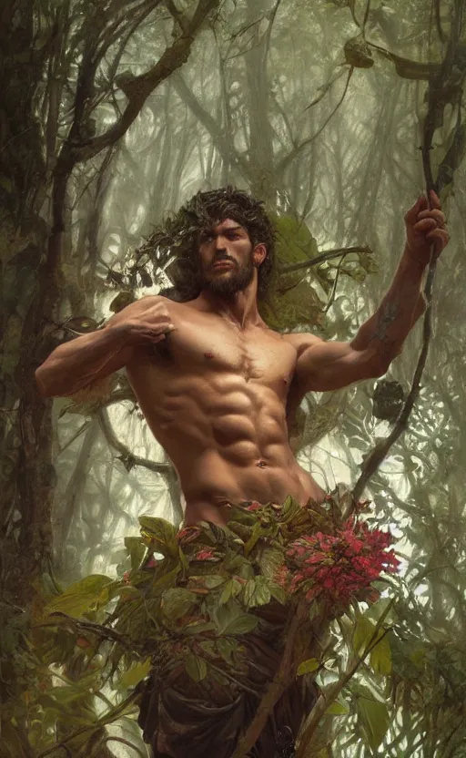 Image similar to god of the forest, 3 0 years old, rugged, handsome, male, detailed face, clean lines, atmospheric lighting, amazing, full body, thighs, flowers, muscular, intricate, highly detailed, digital painting, deviantart, concept art, sharp focus, illustration, art by greg rutkowski and alphonse mucha