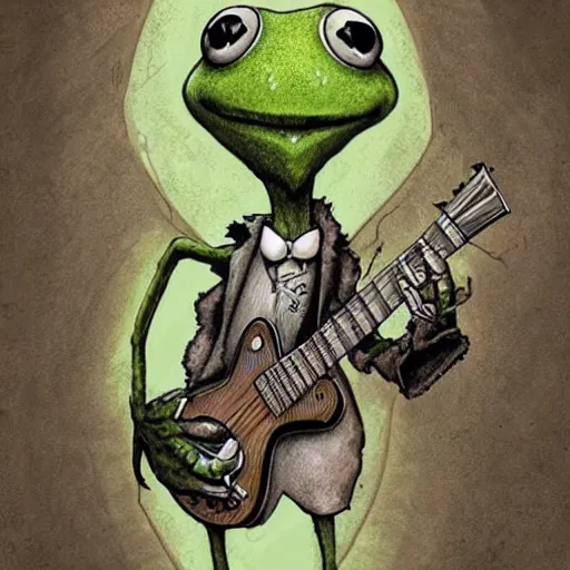 Image similar to michael karcz punk grunge cartoon drawing of kermit the frog. , in the style of corpse bride, loony toons style, horror themed, detailed, elegant, intricate