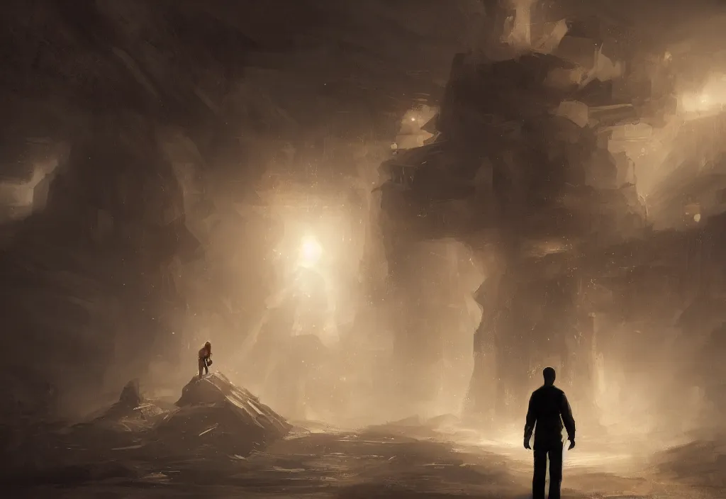 Prompt: concept art of tiny man in front of giant, volumetric lighting, cinematic, masterpiece, artstation