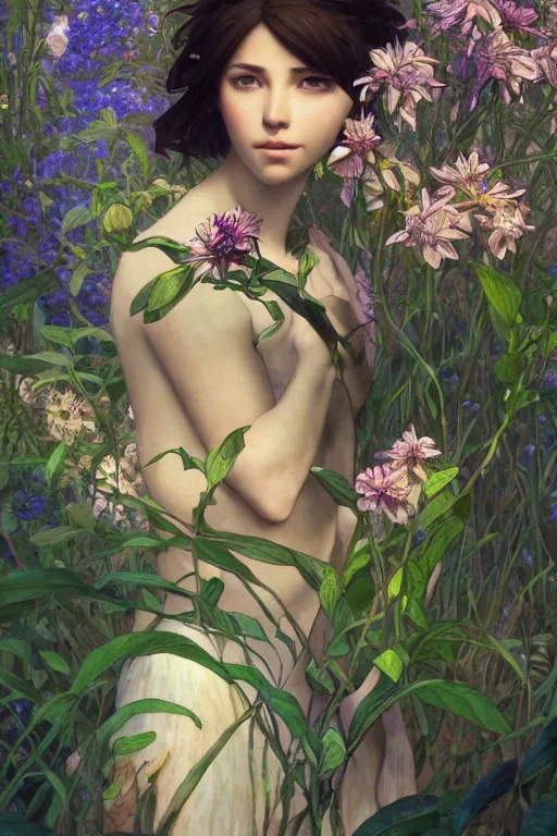 Prompt: a beautiful render of a beautiful female earth sprite, nature, flowers, a beautiful face, perfectly shaded, atmospheric lighting, style of makoto shinkai, raphael lacoste, louis comfort tiffany, artgerm, karol bak, james jean, alphonse maria mucha