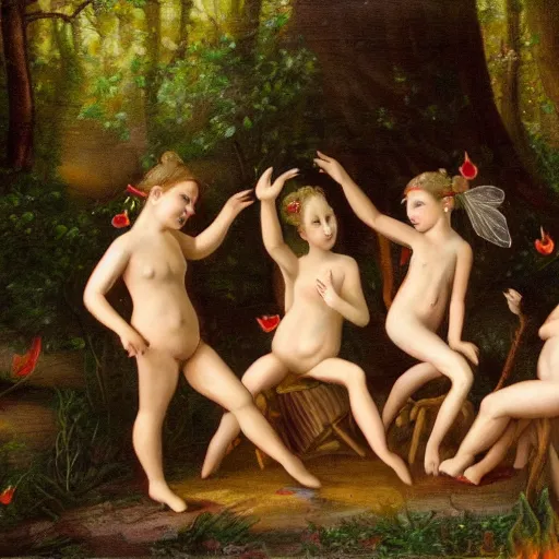 Prompt: painting of nymphs dancing around a campfire in the middle of the forest, happy, playful, joyful