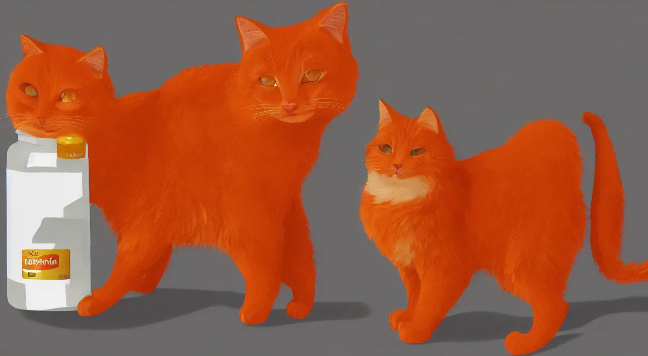 Prompt: a fluffy orange cat standing next to a bottle of medicine while on a table. animal. digital art. artstation. illustration.