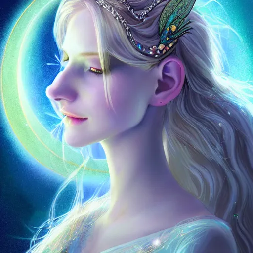 Image similar to detailed portrait of a fairy queen with wings wearing a silk robe, pixie, iris, realism, emerald, galaxy, sapphire, blonde hair going down to the floor, moonlit, , dark fantasy, detailed, magical, fairy, elf, dramatic lighting, cgsociety, artstation