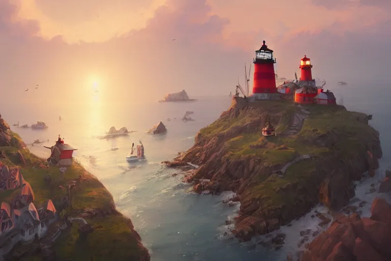 Image similar to Cozy small fantasy village on a cape with a lighthouse, fishing boats, view from above. In style of Greg Rutkowski, Jesper Ejsing, Makoto Shinkai, trending on ArtStation, fantasy, great composition, concept art, highly detailed, scenery, 8K, Behance.