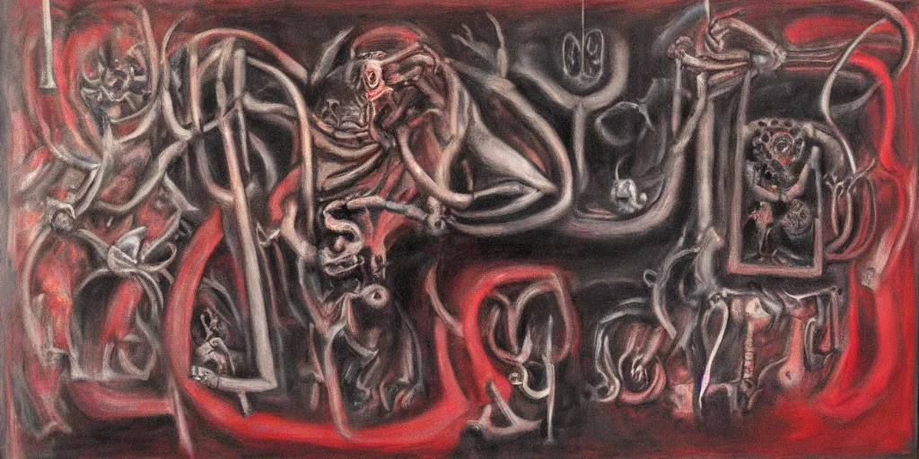 Prompt: biomechanical talisman of evil stygian rituals, god of darkness by maggi mcdonald, mark rothko, sabina klein