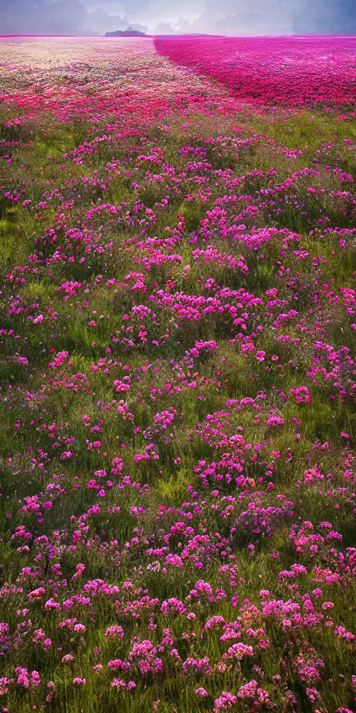 Image similar to an aesthetic field of flowers, alpines, greg rutkowski, zabrocki, karlkka, jayison devadas, trending on artstation, 8 k, ultra wide angle, zenith view, pincushion lens effect