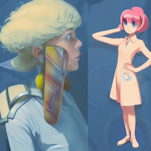 Prompt: British Pokemon original character with peach colored hair and heterochromia, Pixar style, beautiful woman, scientist, standing in a lab in front of a giant containment liquid filled tank, by Tristan Eaton Stanley Artgerm and Tom Bagshaw, Makoto Shinkai ilya kuvshinov and Wojtek Fus