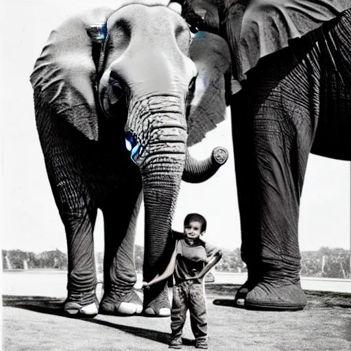 Image similar to a highly detailed photo by annie leibowitz of a small boy standing next to an elephant with an extremely long trunk