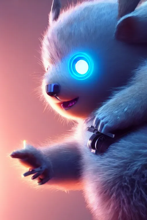 Image similar to high quality 3 d render sci - fi very cute fluffy! wombat!! cyborg soldier with futuristic mechanical legs, cyberpunk monocle!, highly detailed, unreal engine cinematic smooth, in the style of detective pikachu, hannah yata charlie immer, dark blue neon light, low angle, uhd 8 k, sharp focus