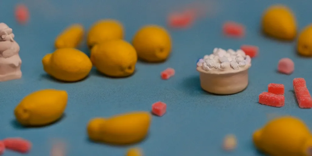 Image similar to a cinematic film still of a claymation stop motion film about a town made of lemons and candy, shallow depth of field, 8 0 mm, f 1. 8