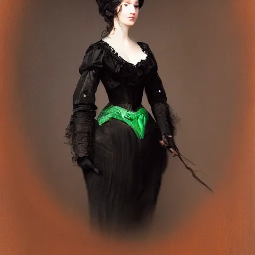 Prompt: a beautiful young woman, pale skin, black long hair, aristocrat, black expensive dress from 1 8 6 0 with green details, oil painting, digital art, studio photo, realistic, artstation, high quality, wild west