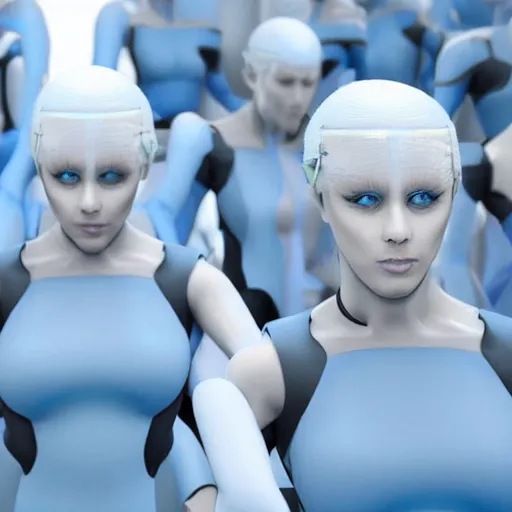 Image similar to troop of cloned women with white bob hairdos, tight light blue neopren suits, futuristic cloning facility, sci - fi, highly detailed, cinematic