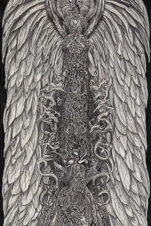 Prompt: a beautiful painting of full - body quetzalcoatl, wisdom, good and evil, white ink + magical + symmetrical + detailed intricate + heraldic design + atmosphere high details, in the style of jean delville, artstation, 8 k, 4 k, cinematic