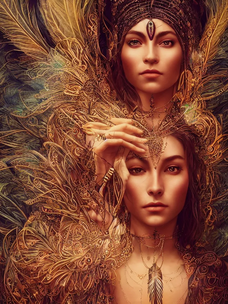 Image similar to a centered photo of a single alluring mystical tribal goddess adorned with feathers and gemstones and cables and synthesizer parts is surrounded by sacred geometry made from elven architecture, full body, gorgeous, perfect face, powerful, cinematic, beautifully lit, by artgerm, by karol bak, 3 d, trending on artstation, octane render, 8 k