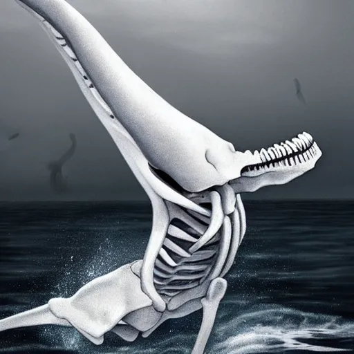 Image similar to a large white whale skeleton animal jumping out of the water, a digital rendering by maki haku, trending on deviantart, rayonism, hyper - realistic, photorealistic, hyper realism.