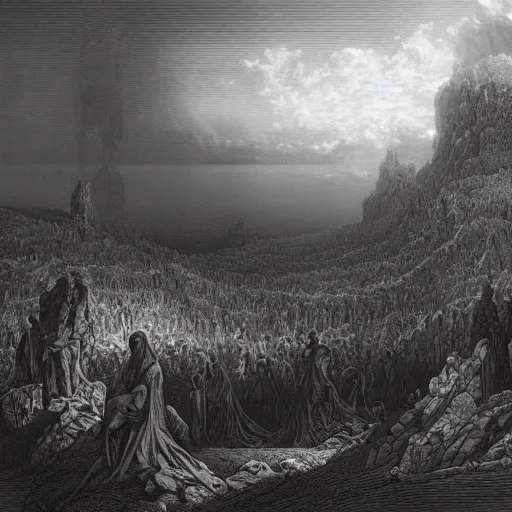 Image similar to a bleak dystopian world, divided down the middle in the vivid vaporwave style of gustave dore