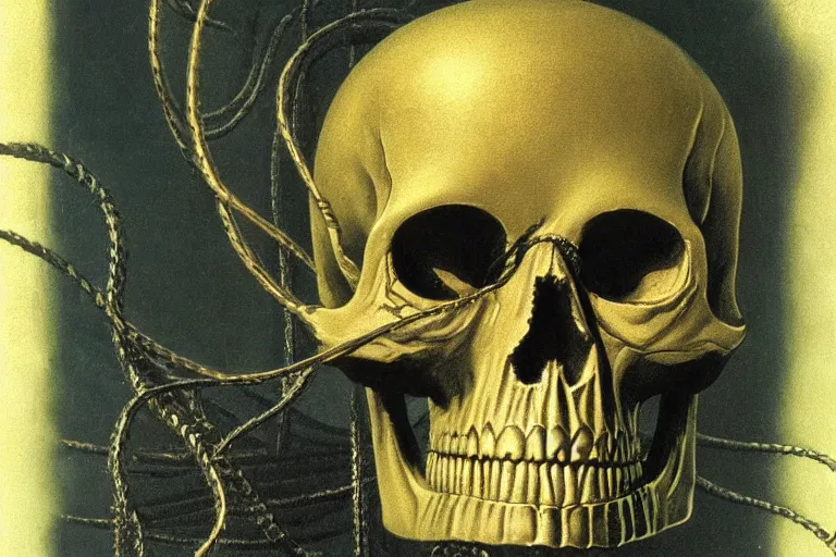 Prompt: intricate, smooth metallic skull atop coil of thick tubes, inside a dark room, style by caspar david friedrich and wayne barlowe and ted nasmith.