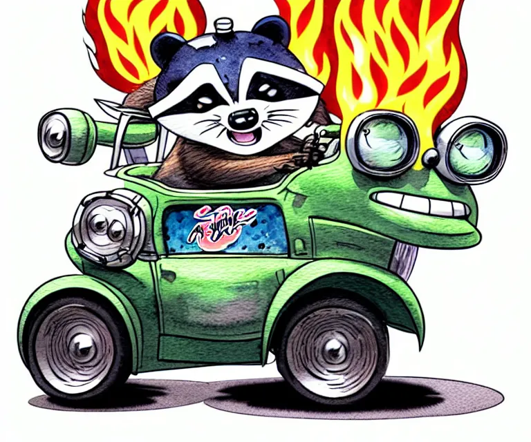 Image similar to cute and funny, racoon wearing a [ helmet with flame stickers ] riding in a tiny hot rod coupe with oversized engine, ratfink style by ed roth, centered award winning watercolor pen illustration, isometric illustration by chihiro iwasaki, edited by range murata