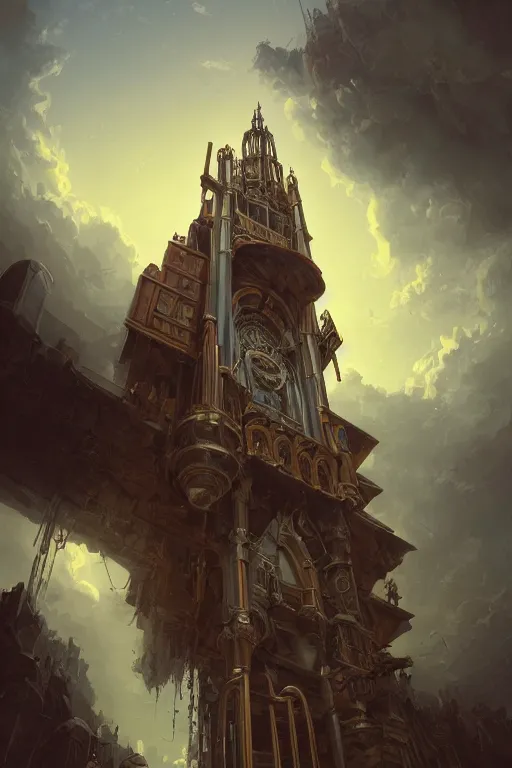 Image similar to illustration a low angle view of a tall ornate pipe organ falling to ruin, by peter mohrbacher, by alex andreev, by jacek yerka, by alan lee, by vincent di fate, large depth of field, super detailed, digital art, trending on artstation