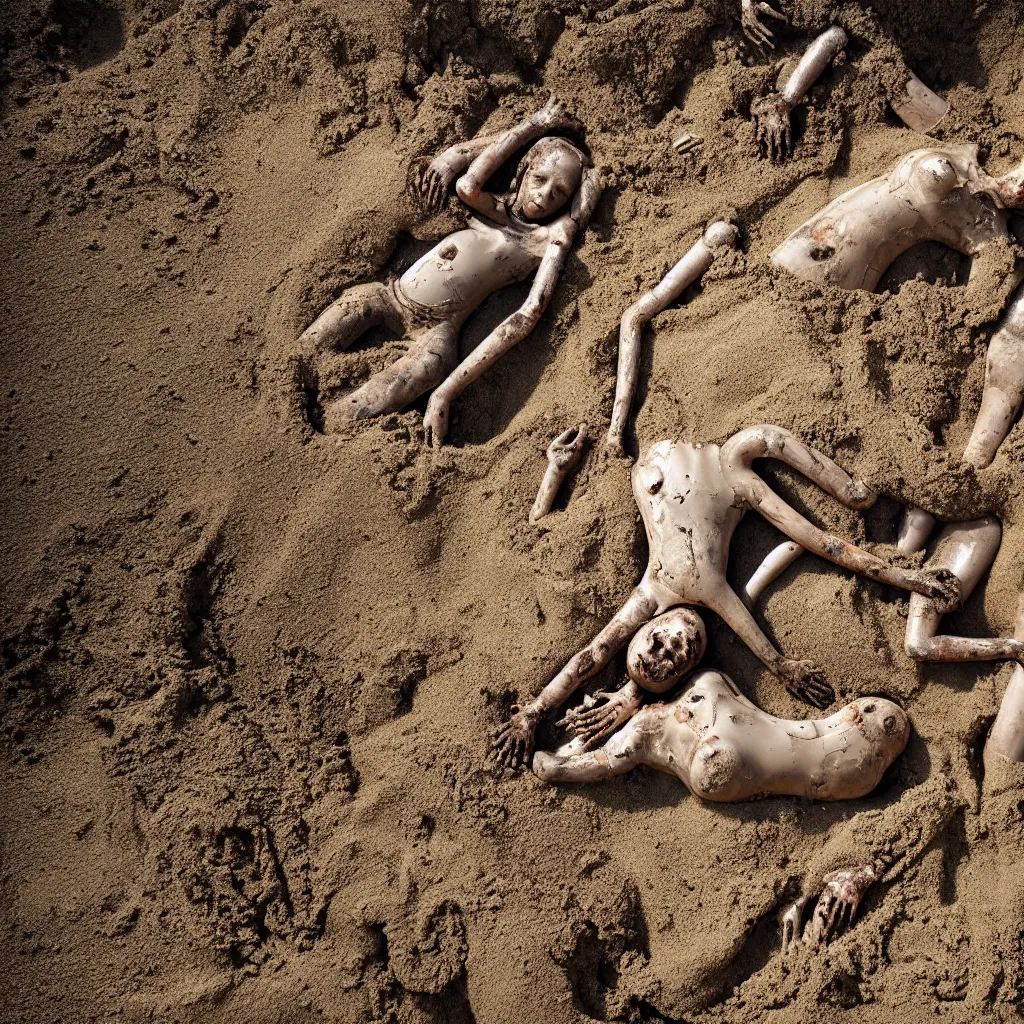 Image similar to overhead view a woman's corpse and a baby buried under sand, mud and rusty pipes, faded, depth of field,, ultra realistic, very detailed, by nadav kander, 8 k hyper realistic detailed cinematic still