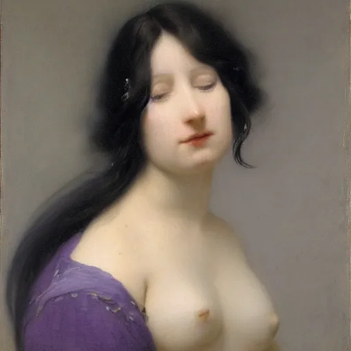 Image similar to a young woman’s face, her hair is deep purple, by ivan aivazovsky and pieter claesz and paul delaroche and alma tadema and august malmstrom and and willen claesz heda and aelbert cuyp and gerard ter borch, contrapposto, hyperrealistic, volumetric light, rendered in octane, c4d