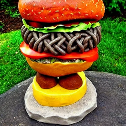 Image similar to cheeseburger sculpture made out of rusty barbed wire.