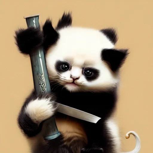 Image similar to cute kitten with panda body and cat face, in a kimono, holds a sword, by greg rutkowski, highly detailed, octane render, 4 k