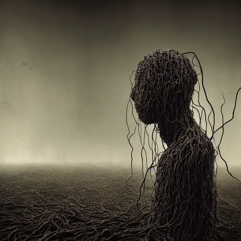 Image similar to still life of ribbed abandoned man faceless portrait, covered with roots, wires, tubes, standing in a desolate empty wasteland, creepy, nightmare, dream-like heavy atmosphere, surreal abandoned buildings, baroque painting, beautiful detailed intricate insanely detailed octane render trending on Artstation, 8K artistic photography, photorealistic, chiaroscuro, Raphael, Caravaggio, Beksinski, Giger