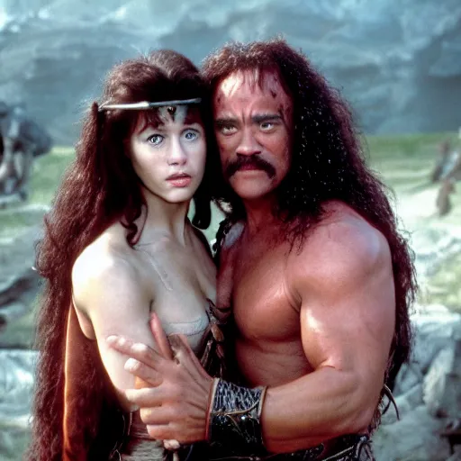 Image similar to tom hanks as conan the barbarian with a women in his arms