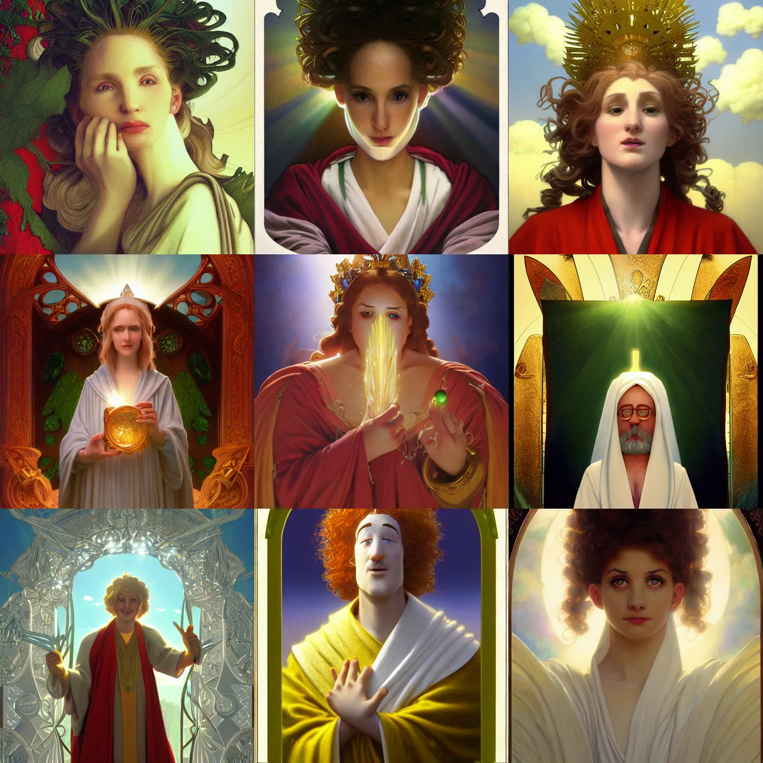 Prompt: macro headshot of veggietales wearing a white robe, d & d, fantasy, intricate, rim light, god rays, volumetric lighting, elegant, highly detailed, digital painting, artstation, concept art, smooth, sharp focus, illustration, orthodoxy, art by greg rutkowski, maxfield parrish and alphonse mucha, new art nouveau, tarot card