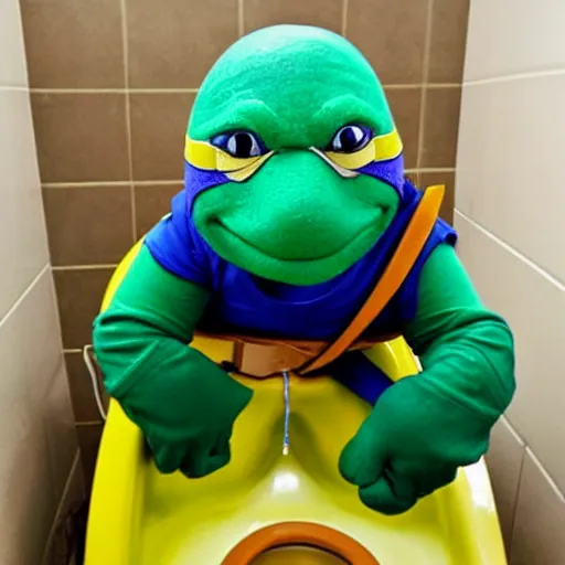 Image similar to ninja turtle sitting on toilet