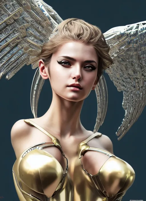 Image similar to photo of a gorgeous young mechanical angel woman in the style of stefan kostic, realistic, sharp focus, 8 k high definition, insanely detailed, intricate, elegant, art by stanley lau and artgerm