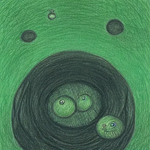 Prompt: A beautiful drawing. A ripple passes through its eyestalks. I wish it had a face: the stare of its moist forest of orbs is unnerving. crayon, kelly green by Atey Ghailan, by Franz Marc muted