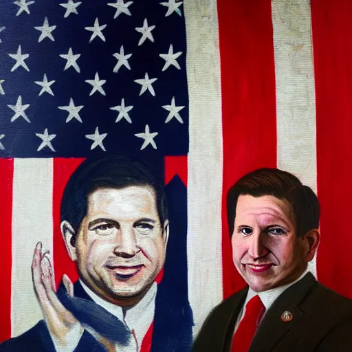 Prompt: oil painting of Ron Desantis in front of a Betsy Ross flag, dark, creepy, ominous