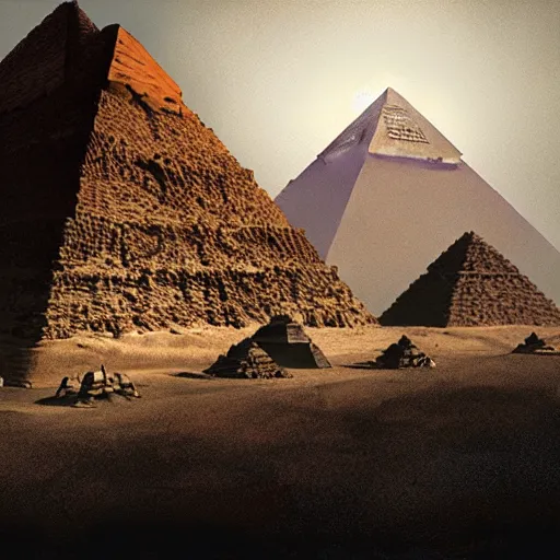 Image similar to the aliens building the pyramids, mysterious, ominous, eerie, craig mullins