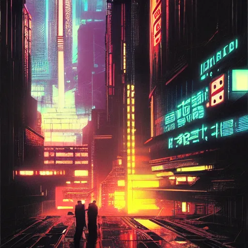 Prompt: high detailed neuromancer in a cyberpunk city at night with a torii in the background by Syd Mead, high quality, 4K, UHD, trending on ArtStation, blade runner vibes, ghost in the shell