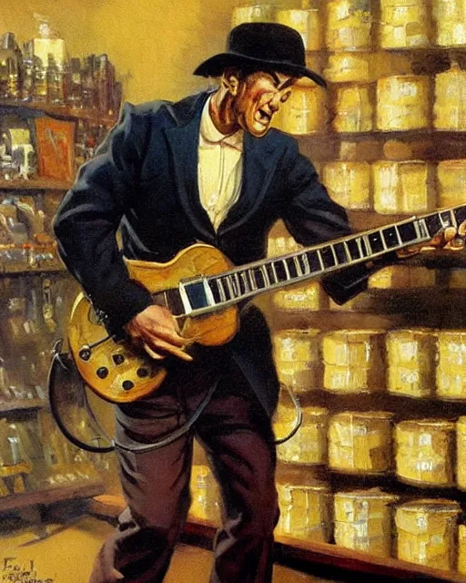 Image similar to Snake Oil salesman shredding on a Gibson Les Paul in a snake oil warehouse, painting by Frank Frazetta