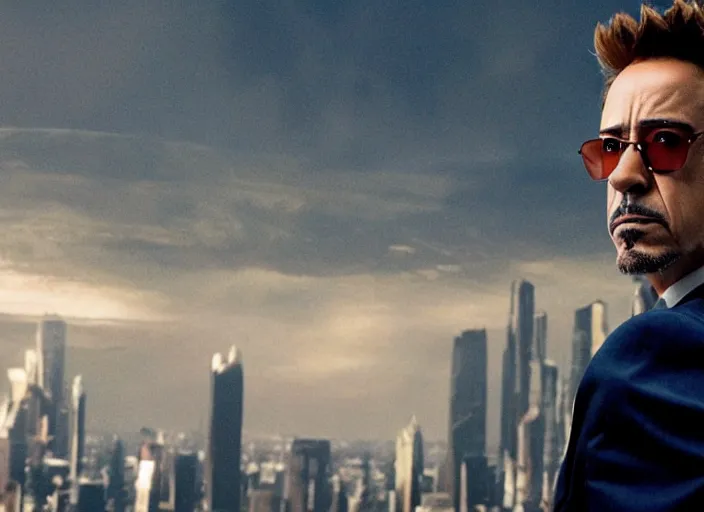 Image similar to film still of Robert Downey Jr as Cobb with the world bending in the background in Inception, 4k