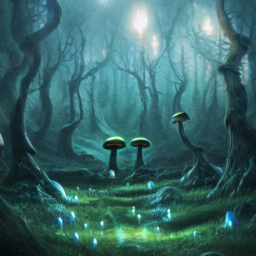 Image similar to eerie glowing mushroom forest, fantasy landscape, 8k, ultra detailed, concept art, trending on artstation