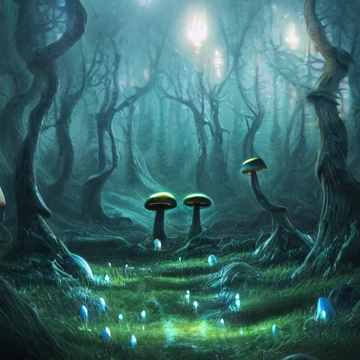 Prompt: eerie glowing mushroom forest, fantasy landscape, 8k, ultra detailed, concept art, trending on artstation