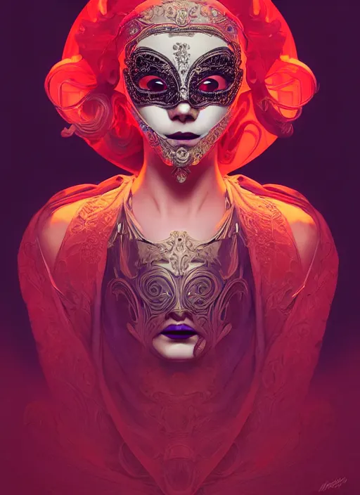 Prompt: a beautiful masked woman wearing a venetian mask, intricate, elegant, highly detailed, digital painting, artstation, smooth, sharp focus, cyberpunk darksynth, cinematic, opalescent mist, dramatic lighting, illuminated lines, outrun, vaporware, by ruan jia and ilya kuvshinov and alphonse mucha
