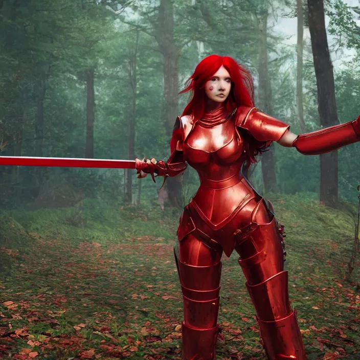 Image similar to a girl with long red hair wearing a red plate armor and holding a big red sword in a forest, 3d render, octane render, unreal engine 5, 8k hdr, hyperrealistic, highly detailed, high quality, concept art, trending on Artstation, full-body armor