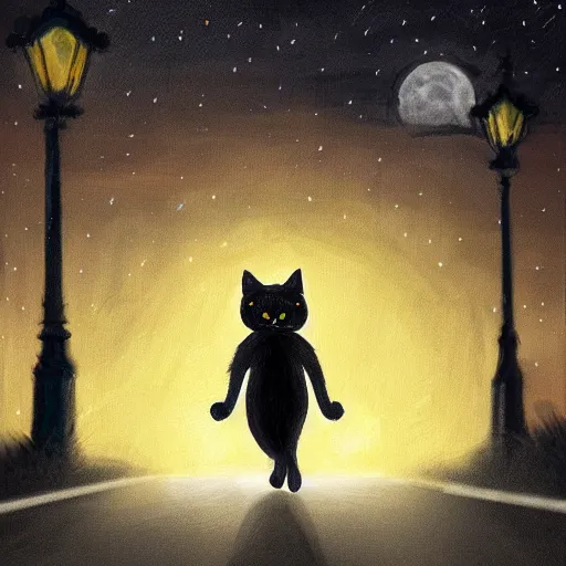 Image similar to an hyper detailed black cat with orange eyes walking through the road during the night under the light of the streetlights and looking at the moon. Realistic. High detail. By Diego Fazio