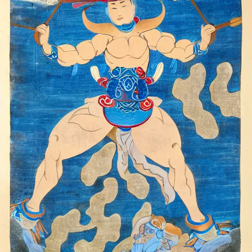 Image similar to muscular genie with blue skin covered in oil in Style of korean traditional folktale painting by Shin Yun-bok; Sin Yun-bok ; 8k resolution