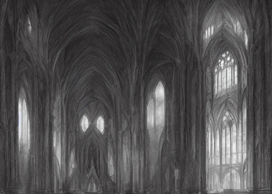 Image similar to interior of a black cathedral, pencil, concept art, detailed, 4k, artstation